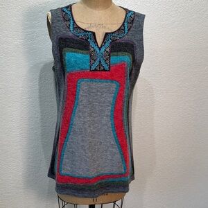 Adore Women M Gray Sleeveless Embroidered‎ Top with Multicolor Accents